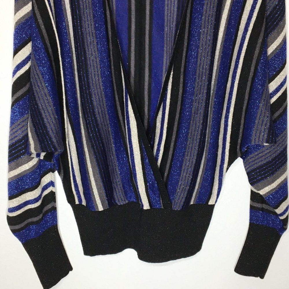 Vintage 90's Black Blue Silver Batwing Cross Over Sweater, Plunging V, Disco - L - Picture 6 of 10